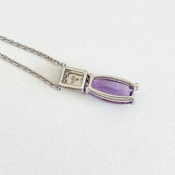 14K Solid White Gold Faceted Amethyst Diamond Accent Pendant Chain Necklace 18" - Picture 7 of 11